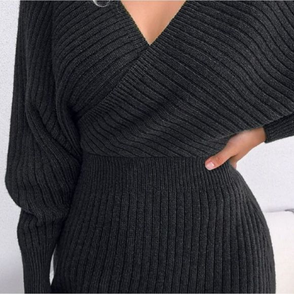 Black Rib-Knit Sweater Dress - Picture 5 of 9